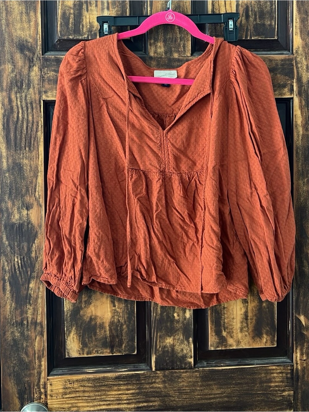 Rust Orange Peasant Blouse with V-Neck - Medium